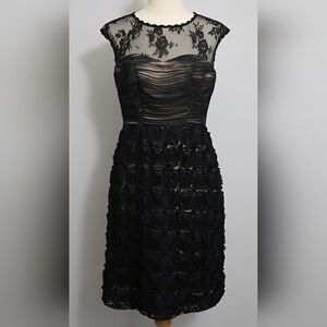 Vintage Sue Wong Size 12 Black & Nude Back Cutout Floral Applique Dress